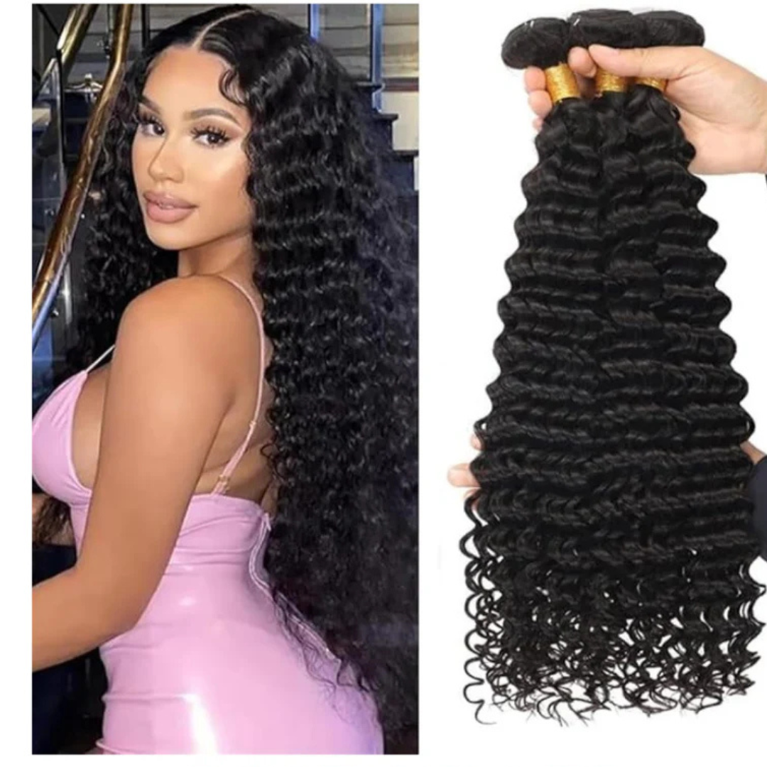 12A Deep Wave 100% Human Hair Weave Bundles Natural Black Thick & Soft