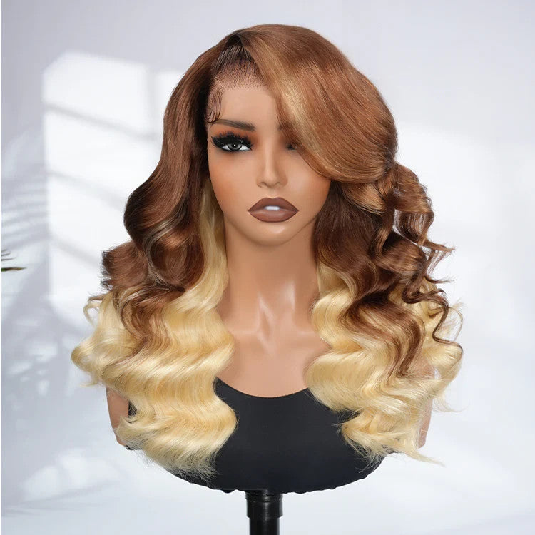 Caramel Brown With Blonde Ombre Loose Body Side Part 13x6 Lace Front Wig