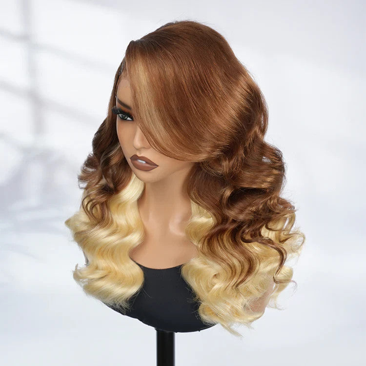 Caramel Brown With Blonde Ombre Loose Body Side Part 13x6 Lace Front Wig