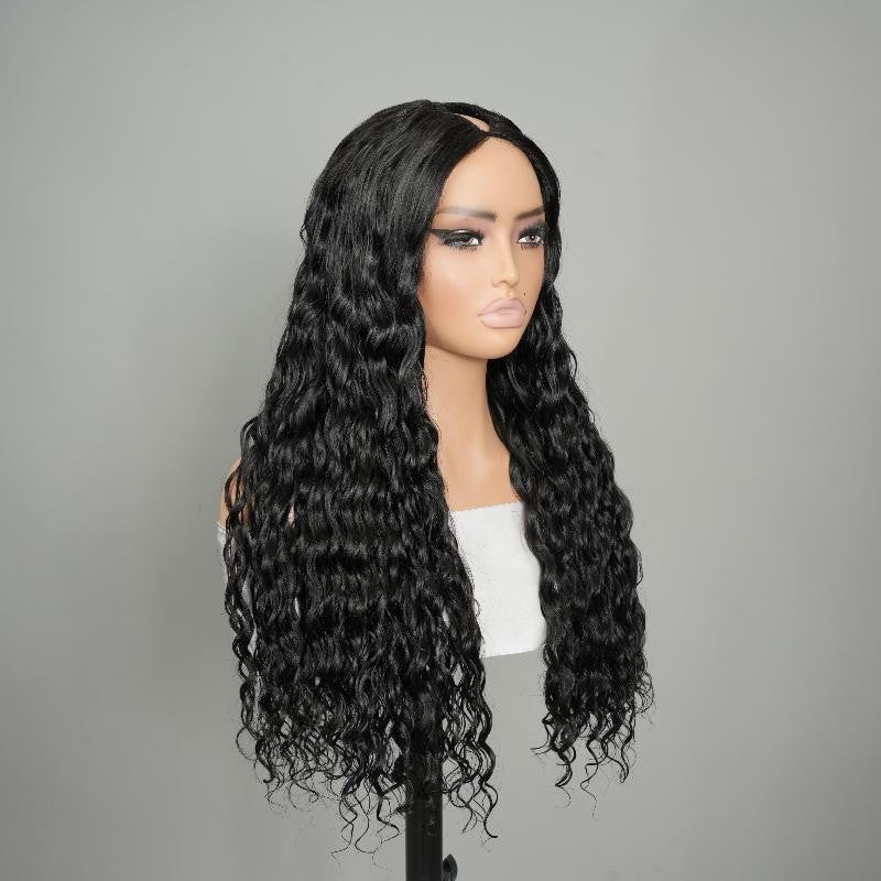 9A Virgin Hair V Part Loose Deep Wave Wig Glueless Natural Black Human Hair