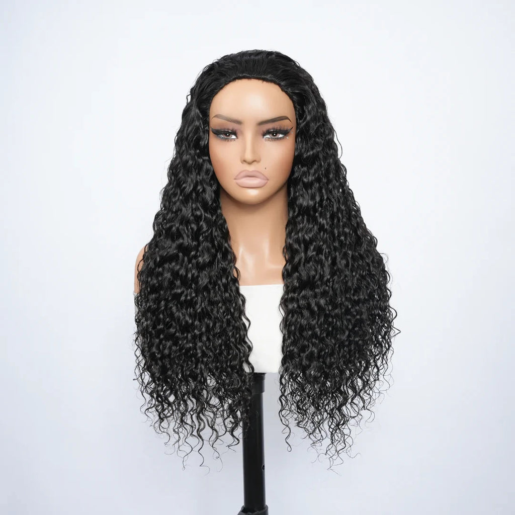 9A Virgin Hair Deep Wave Half Wig With Drawstring Flip Over Wig Natural Black