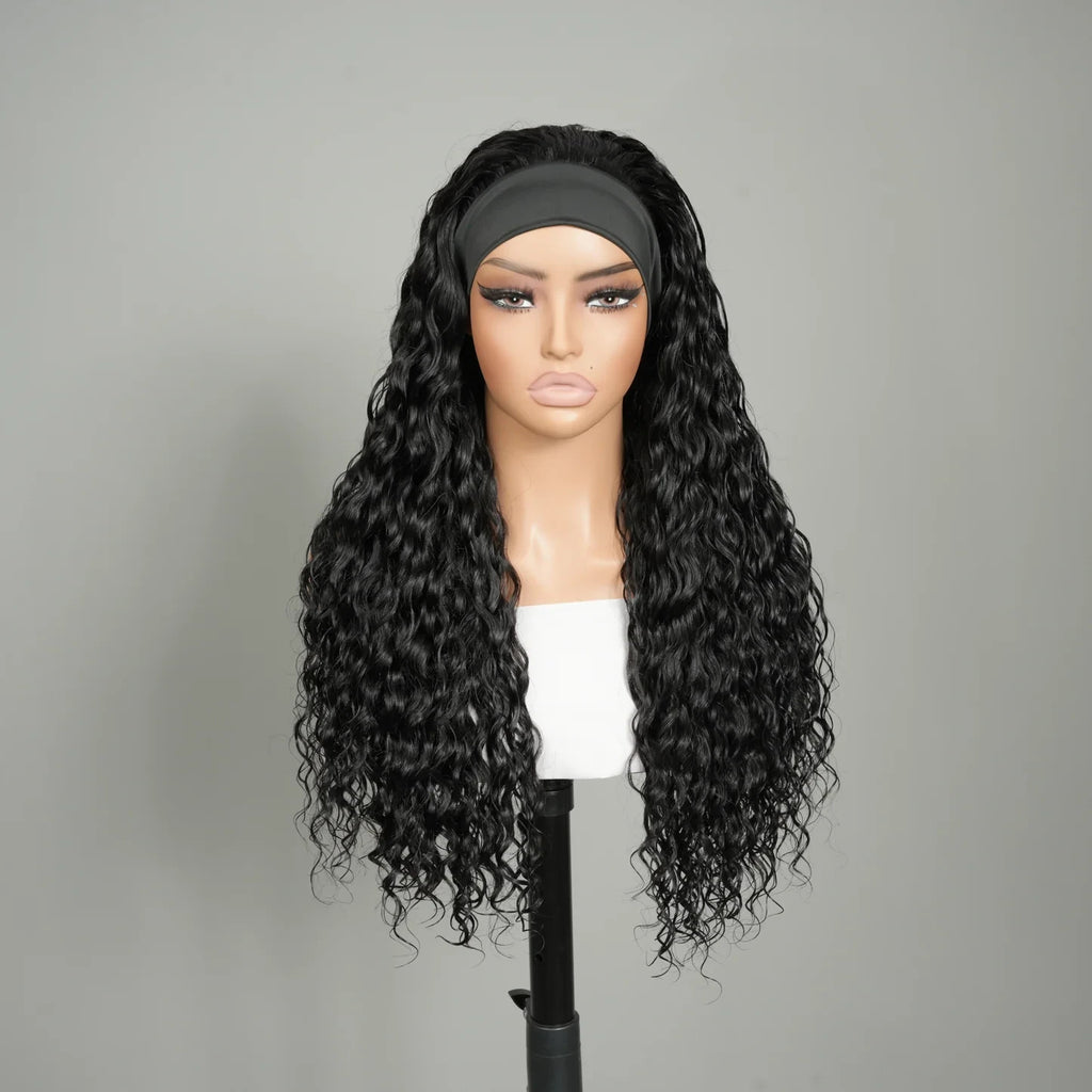 9A Virgin Hair Loose Deep Wave Headband Wig Natural Black 100% Human Hair