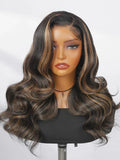 Pre-Styled C Part Highlight Ash Blonde Layered Cut Body Wave 13x4 Lace Front Wig