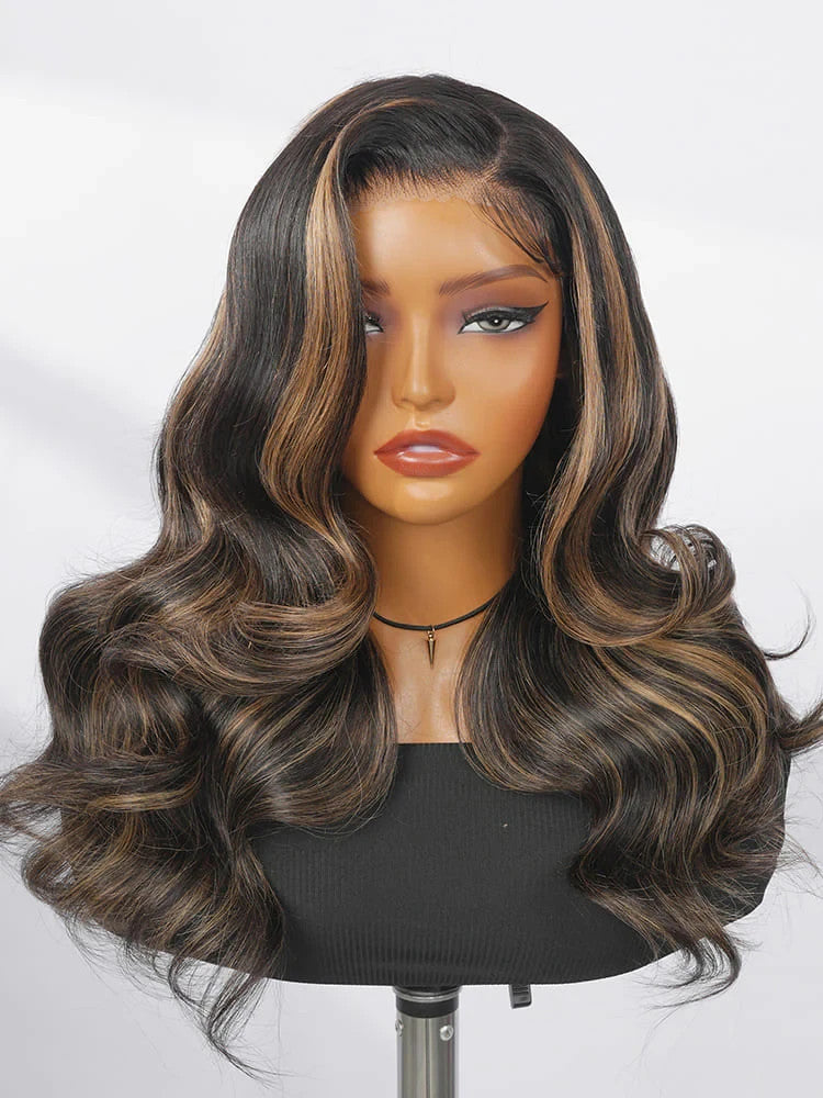 Pre-Styled C Part Highlight Ash Blonde Layered Cut Body Wave 13x4 Lace Front Wig