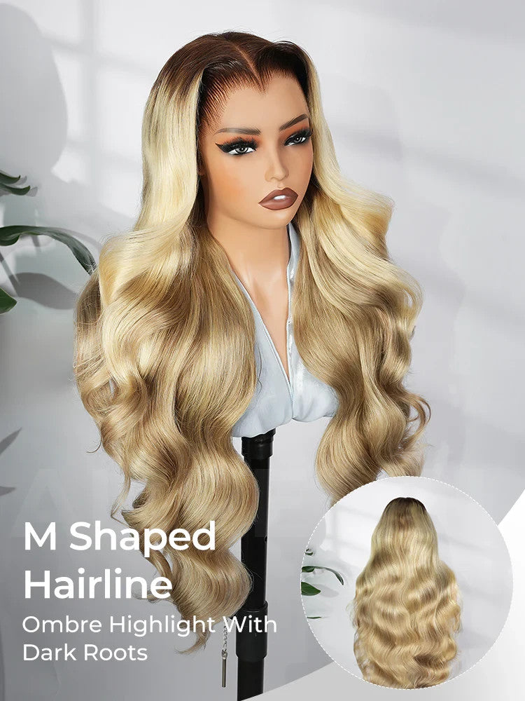 M Hairline Blonde Ombre Highlight Body Wave 13x6 Lace Front Wig Human Hair