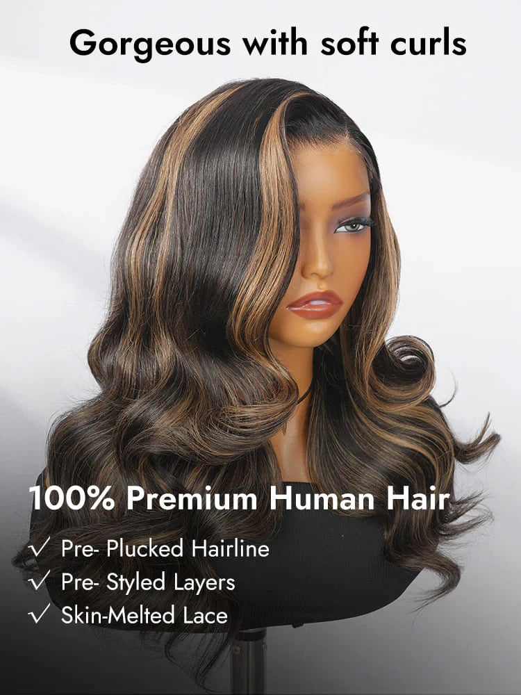 Pre-Styled C Part Highlight Ash Blonde Layered Cut Body Wave 13x4 Lace Front Wig