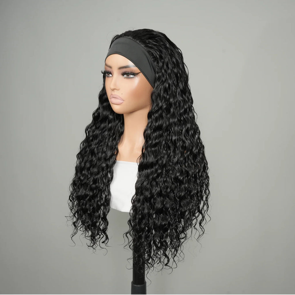 9A Virgin Hair Loose Deep Wave Headband Wig Natural Black 100% Human Hair