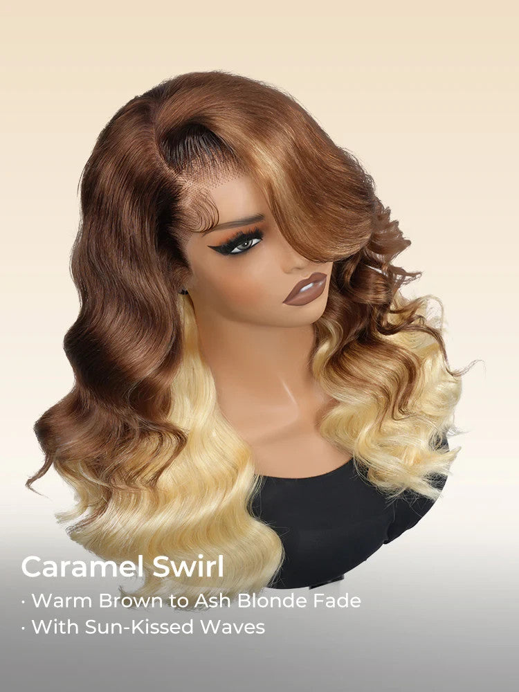 Caramel Brown With Blonde Ombre Loose Body Side Part 13x6 Lace Front Wig