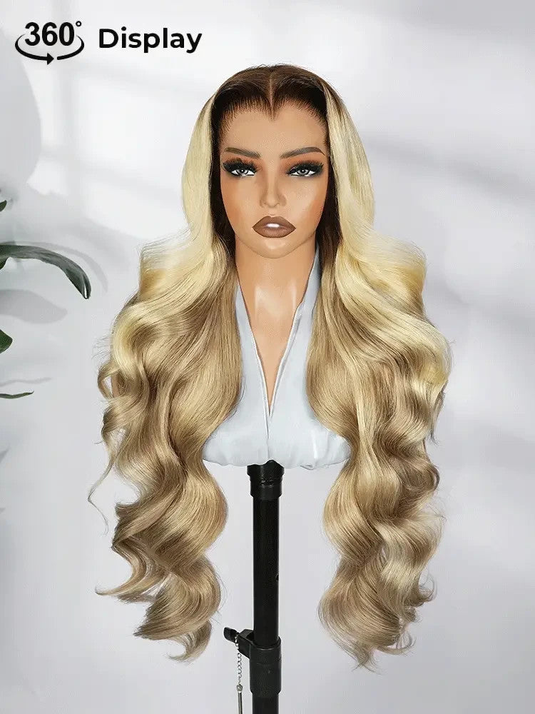 M Hairline Blonde Ombre Highlight Body Wave 13x6 Lace Front Wig Human Hair