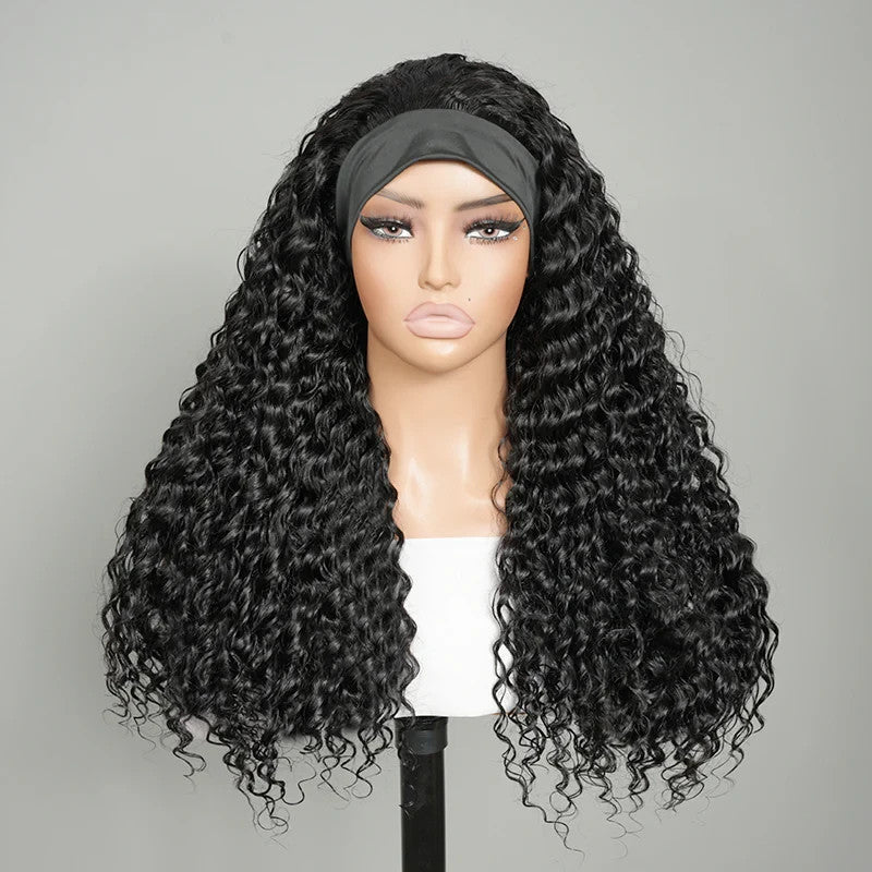 9A Virgin Hair Deep Wave Headband Wig Natural Black