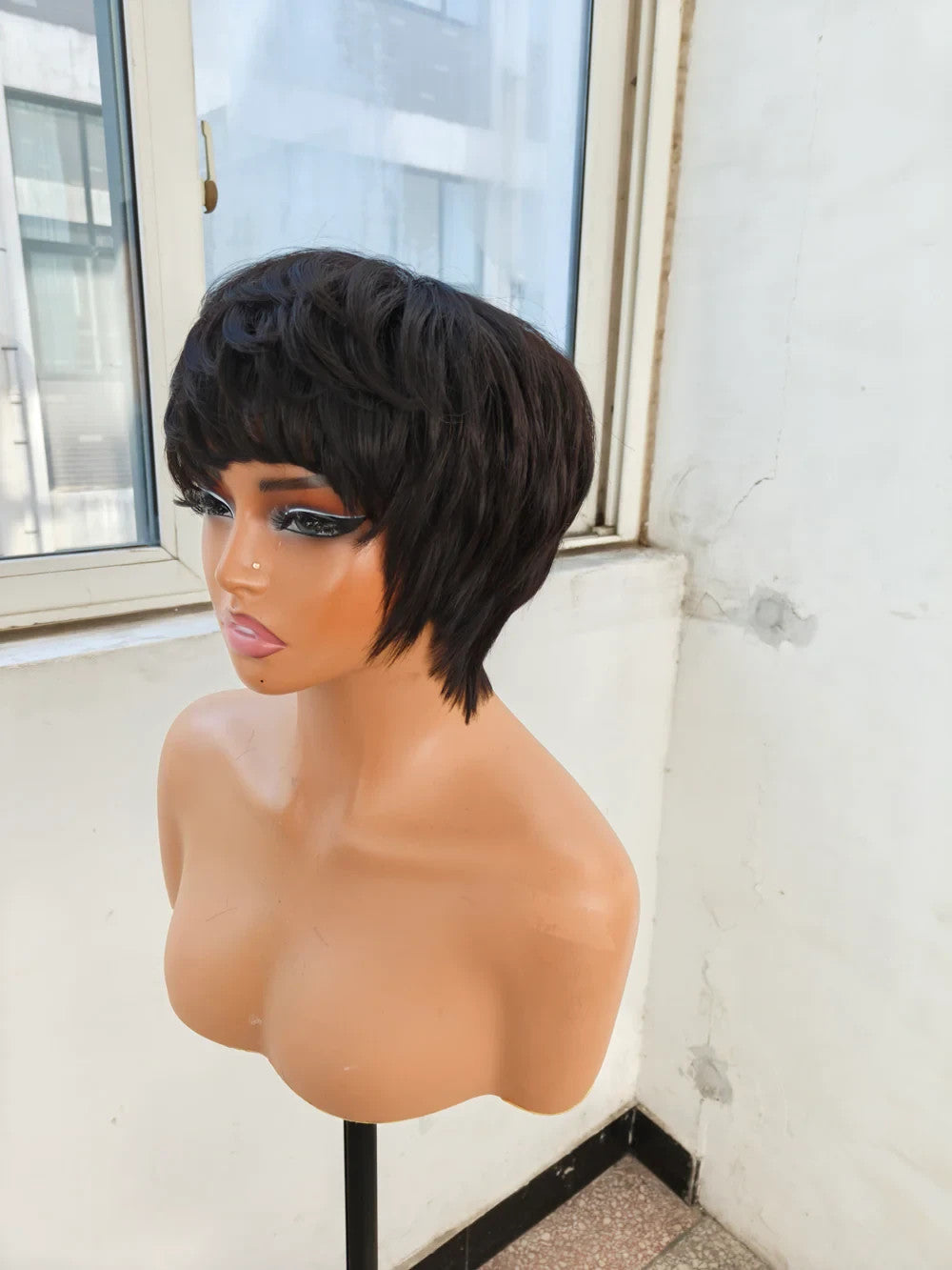 9A Virgin Hair Pixie Machine Wig No Lace New Hair Style Wig Natural Black
