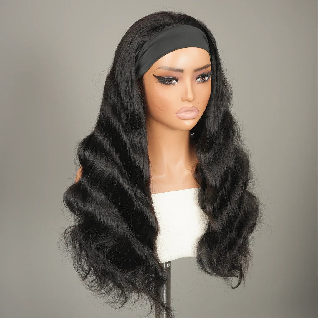 9A Virgin Hair Body Wave Elastic Velcro Headband Wig Human Hair Natural Black