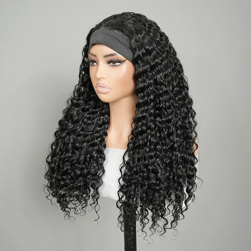 9A Virgin Hair Deep Wave Headband Wig Natural Black