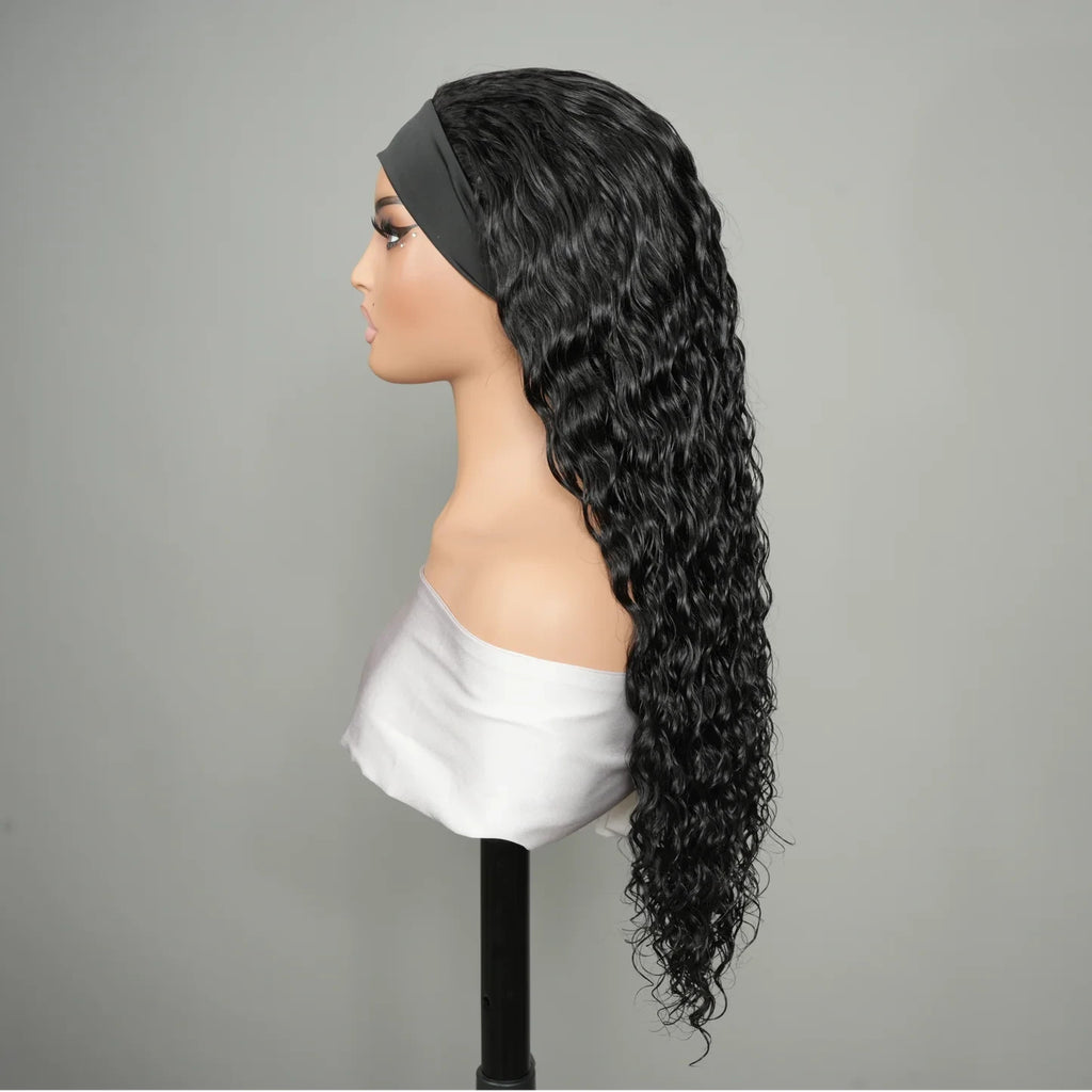 9A Virgin Hair Loose Deep Wave Headband Wig Natural Black 100% Human Hair