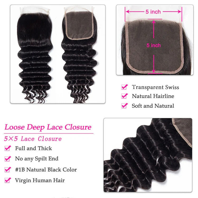 Human Hair Loose Deep Wave 5x5/4x4 Lace closure Human Virgin Hair HD Lace