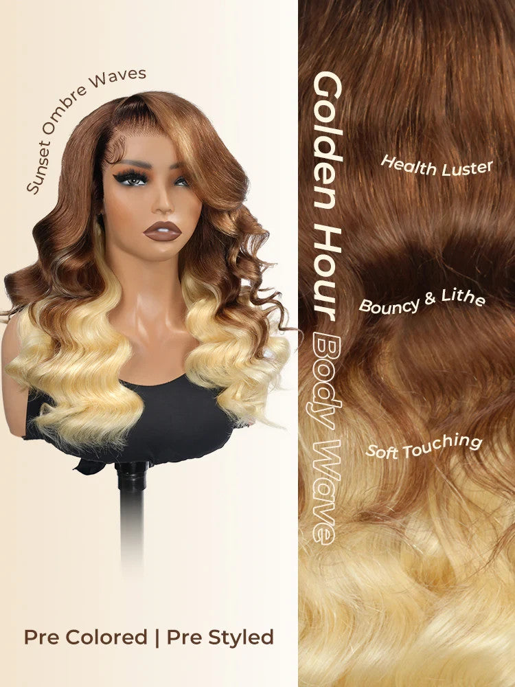 Caramel Brown With Blonde Ombre Loose Body Side Part 13x6 Lace Front Wig