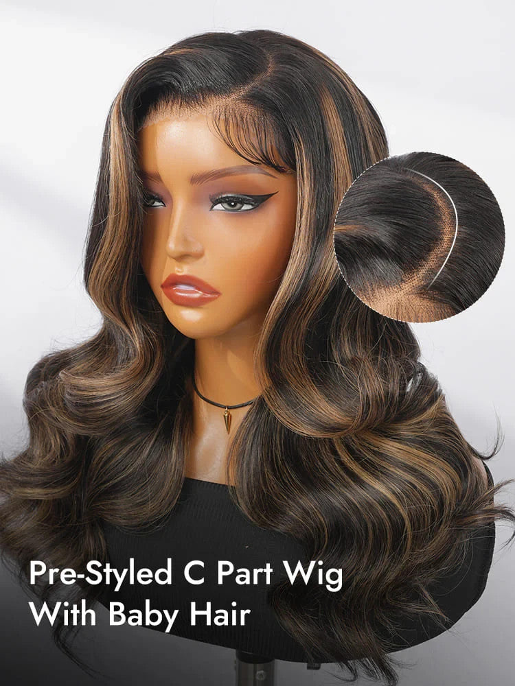 Pre-Styled C Part Highlight Ash Blonde Layered Cut Body Wave 13x4 Lace Front Wig
