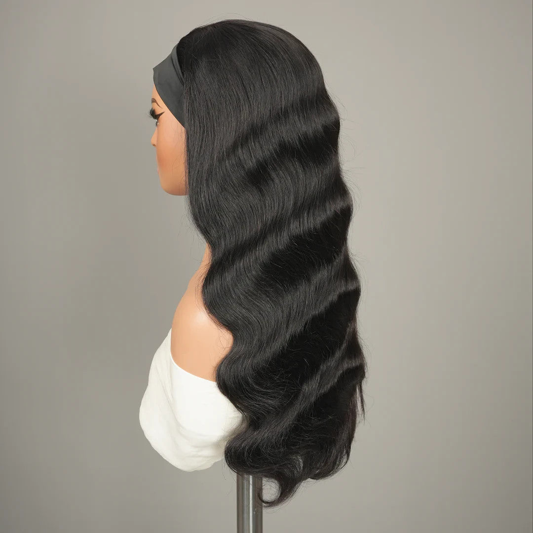 9A Virgin Hair Body Wave Elastic Velcro Headband Wig Human Hair Natural Black