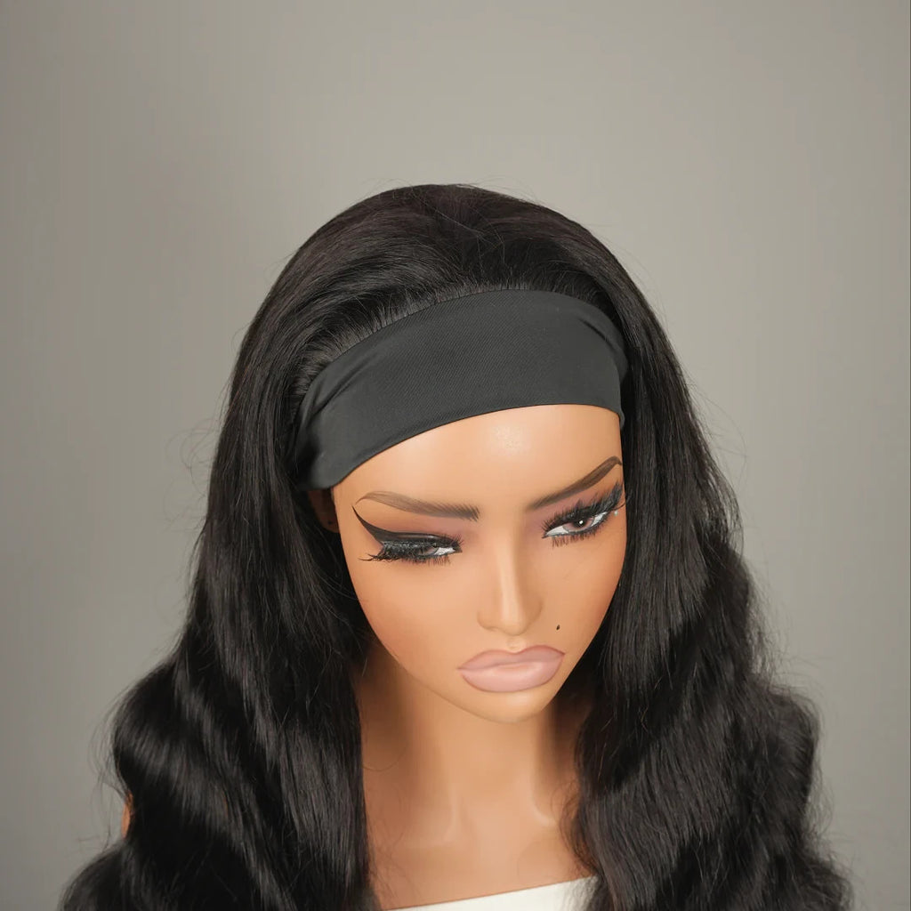 9A Virgin Hair Body Wave Elastic Velcro Headband Wig Human Hair Natural Black