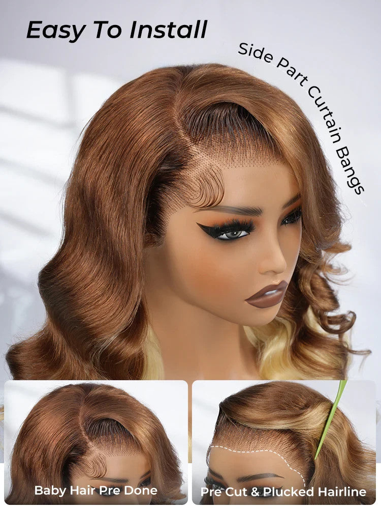 Caramel Brown With Blonde Ombre Loose Body Side Part 13x6 Lace Front Wig