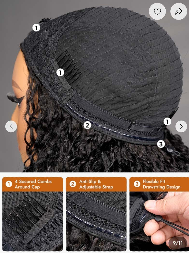9A Virgin Hair Deep Wave Half Wig With Drawstring Flip Over Wig Natural Black