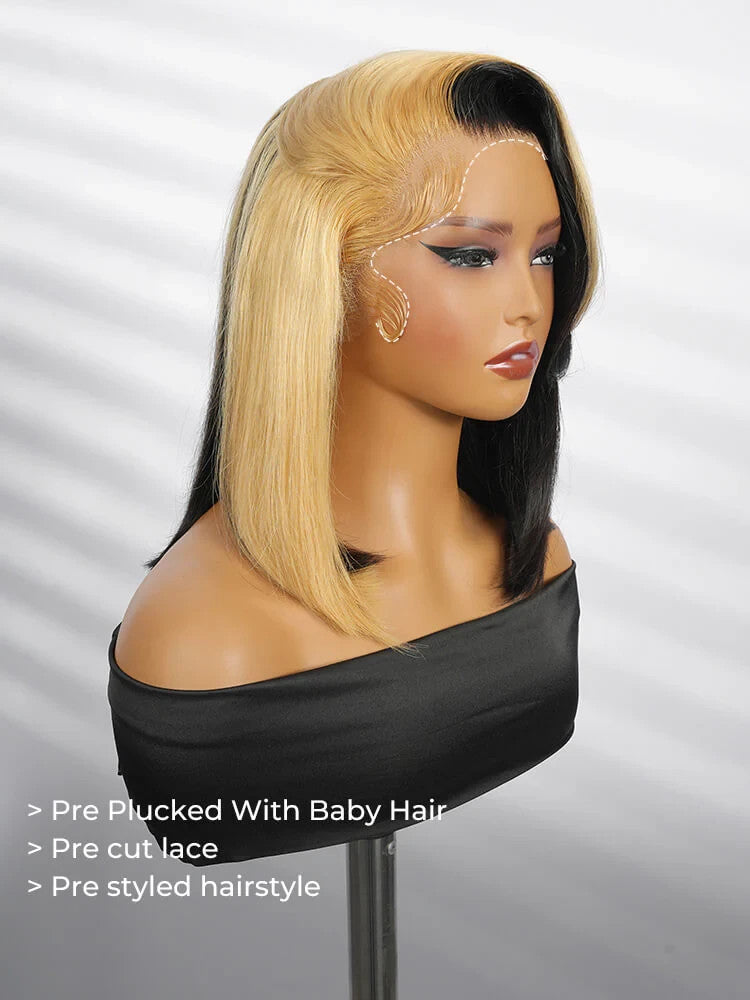 Honey Blonde Skunk Stripe Straight Hair 13x4 Lace Frontal Ready & Go Wigs
