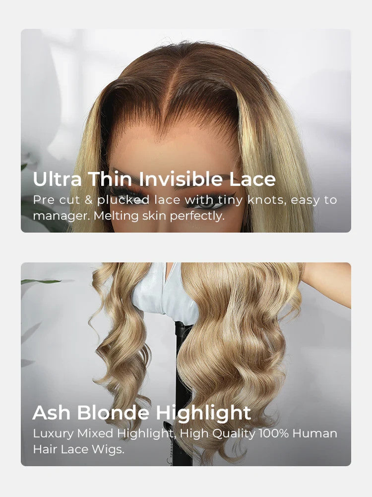 M Hairline Blonde Ombre Highlight Body Wave 13x6 Lace Front Wig Human Hair
