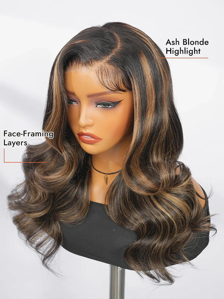 Pre-Styled C Part Highlight Ash Blonde Layered Cut Body Wave 13x4 Lace Front Wig