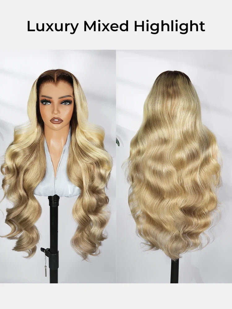 M Hairline Blonde Ombre Highlight Body Wave 13x6 Lace Front Wig Human Hair