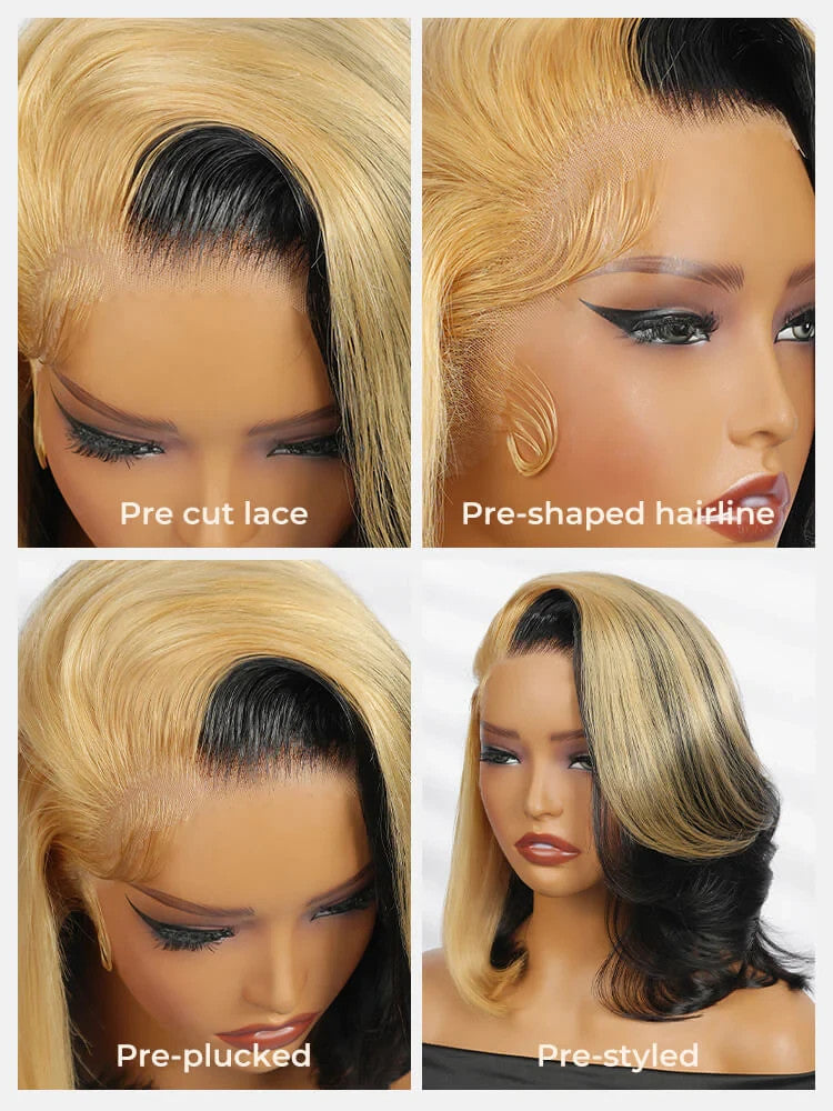 Honey Blonde Skunk Stripe Straight Hair 13x4 Lace Frontal Ready & Go Wigs