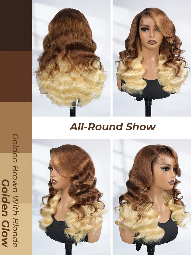 Caramel Brown With Blonde Ombre Loose Body Side Part 13x6 Lace Front Wig