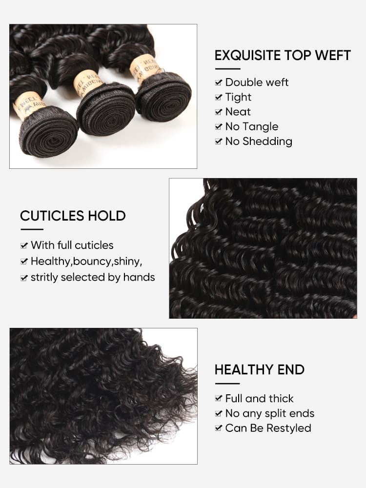 9A Deep Wave Bundle 100% Human Virgin Hair Weave Natural Black Thick & Soft