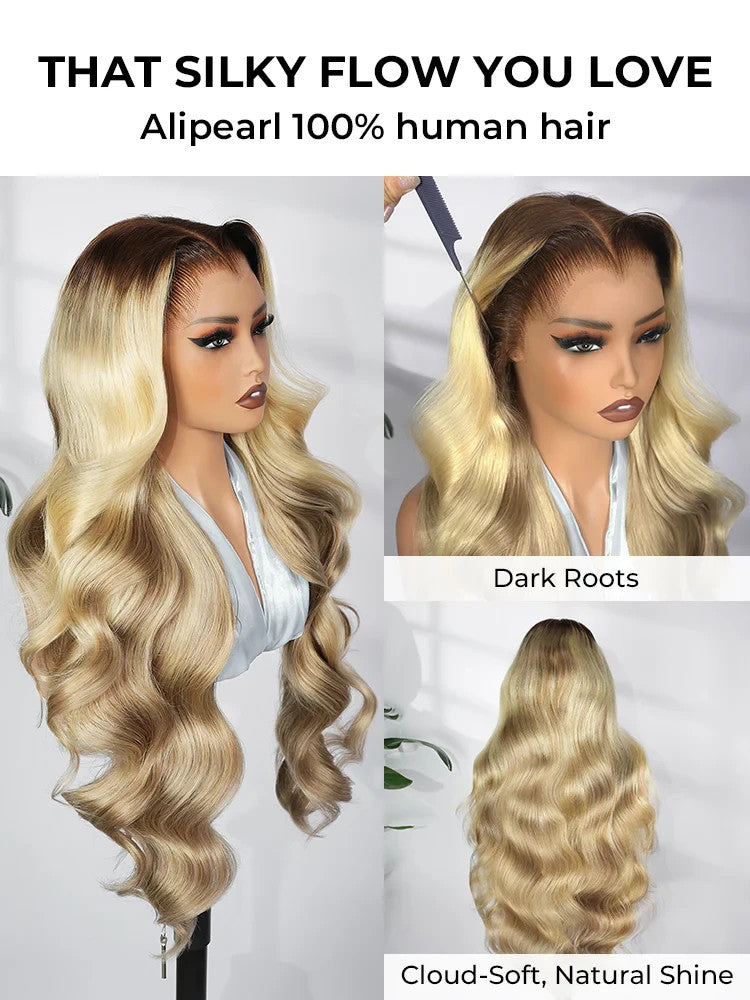 M Hairline Blonde Ombre Highlight Body Wave 13x6 Lace Front Wig Human Hair