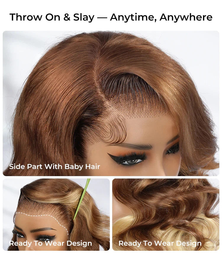 Caramel Brown With Blonde Ombre Loose Body Side Part 13x6 Lace Front Wig